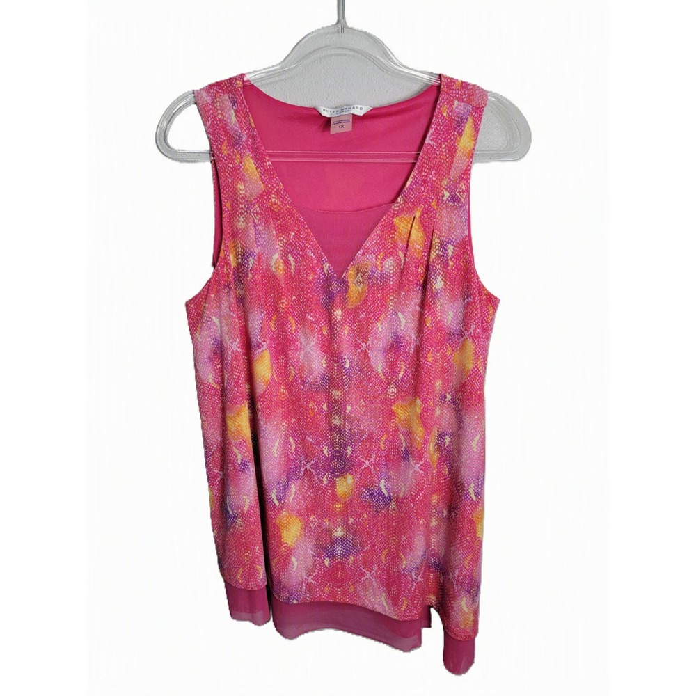 Peter Nygard Womens 1X Tank Top Pink Abstract Snakeskin Layered V-Neck Stretch‎